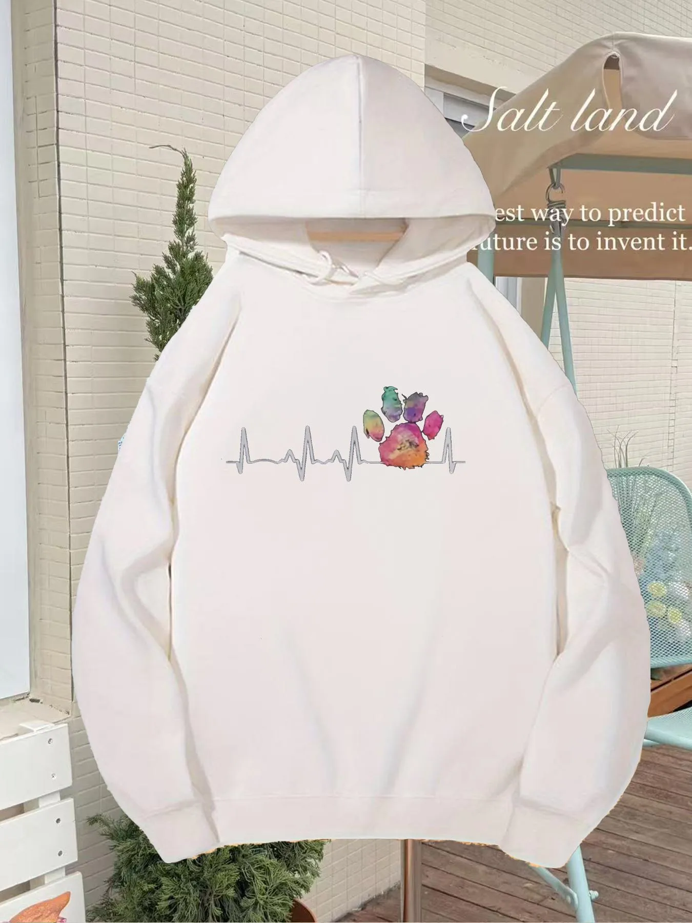 Tailorly Women's Printed Hoodie - Colorful Paw Print With Heartbeat Line Pattern Hoodie sold by Tailorly