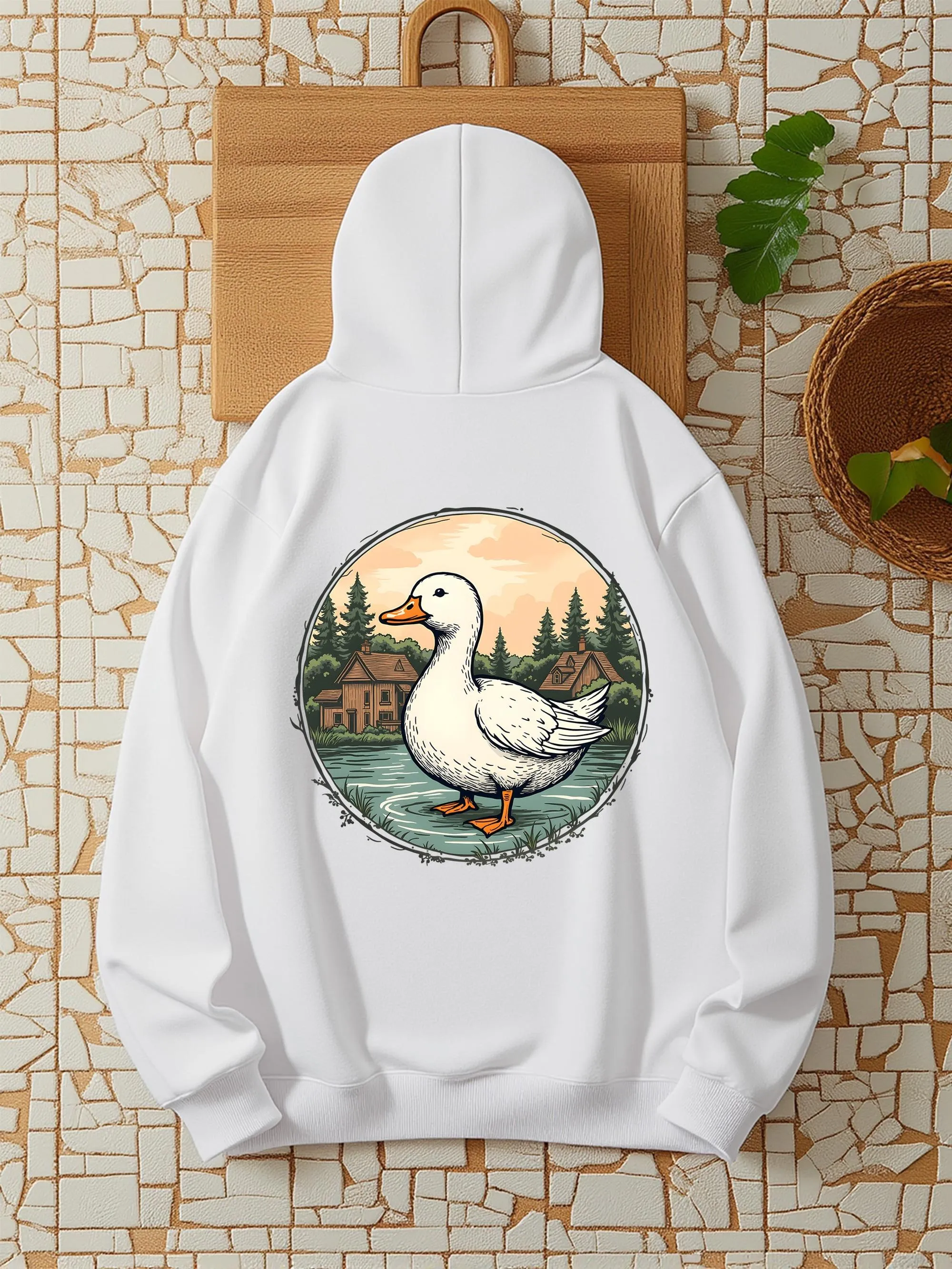 Tailorly Women's Printed Hoodie - Sunset Countryside With Pines Cottages And Flowing River Duck sold by Tailorly