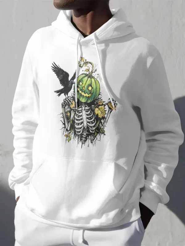 Tailorly Men's Printed Hoodie - Dark Forest With Skeleton Flowers And Crow Under Green Pumpkin made by Tailorly