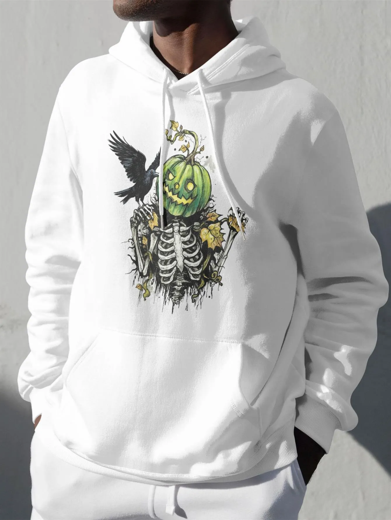 Tailorly Men's Printed Hoodie - Dark Forest With Skeleton Flowers And Crow Under Green Pumpkin sold by Tailorly
