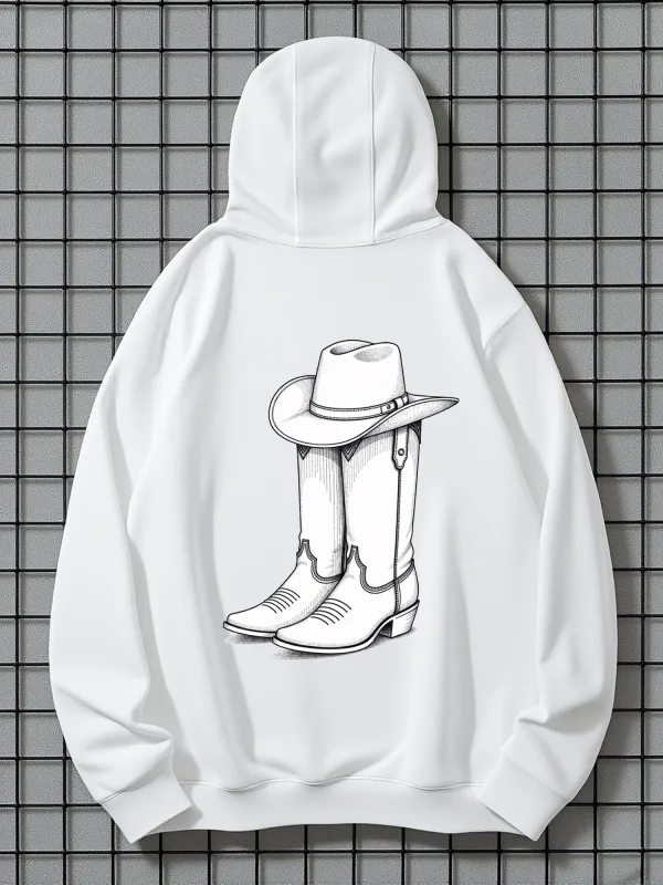 Tailorly Men's Printed Hoodie - Western Style Boots With Cowboy Hat Resting Against Classic Cowboy Boots made by Tailorly