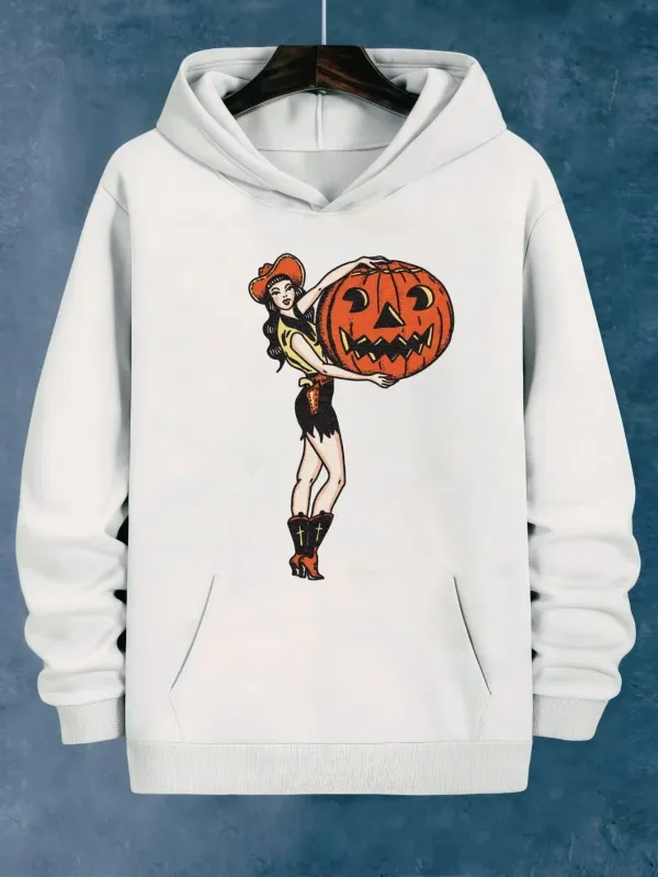 Tailorly Women's Printed Hoodie - Cowgirl Holding Large Carved Halloween Jack O Lantern Pumpkin made by Tailorly