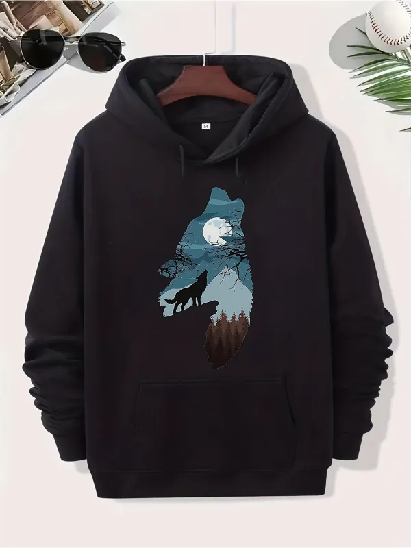 Tailorly Men's Printed Hoodie - Full Moon Night With Mystical Forest Wolf Howling Under Silhouette made by Tailorly