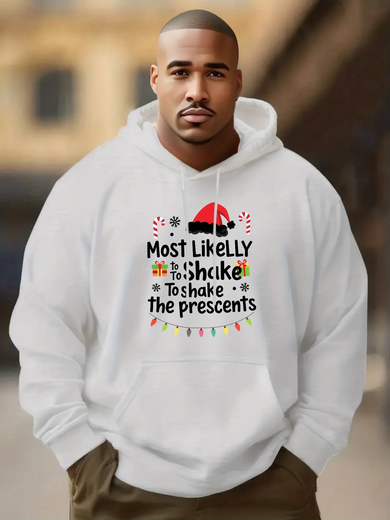 Tailorly Men's Printed Hoodie - Most Likely To Shake To Shake The Presents With Christmas Hat Garland sold by Tailorly