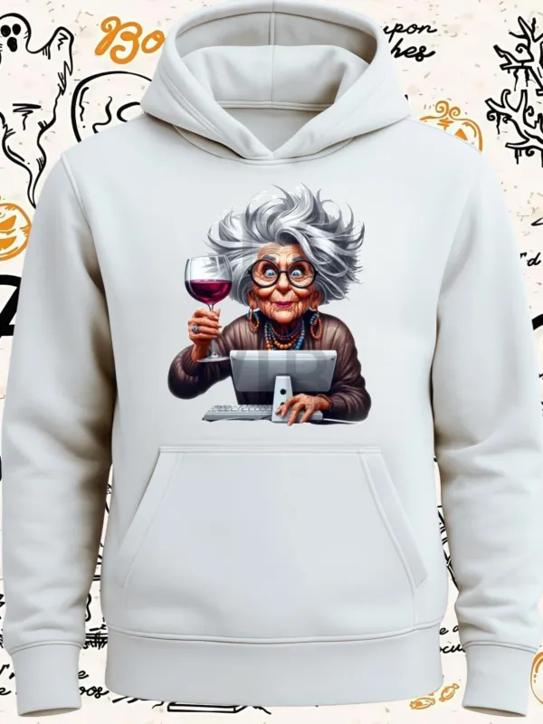 Tailorly Women's Printed Hoodie - Eccentric Elderly Woman With Wild Hair Holding A Glass Of Wine Seated At A Table made by Tailorly