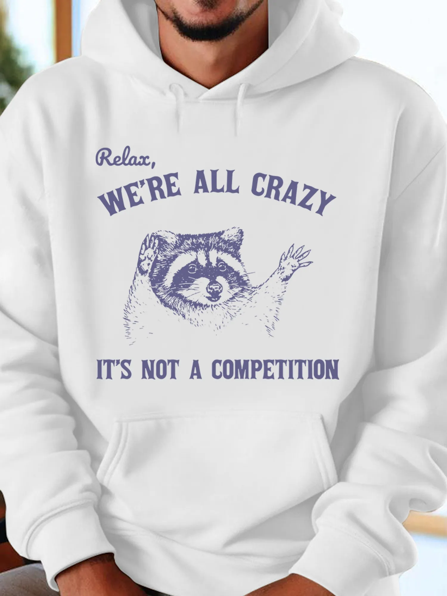 Tailorly Men's Printed Hoodie - Relax We Are All Crazy Waving Raccoon Among Playful Whimsical Hand Drawn Details sold by Tailorly