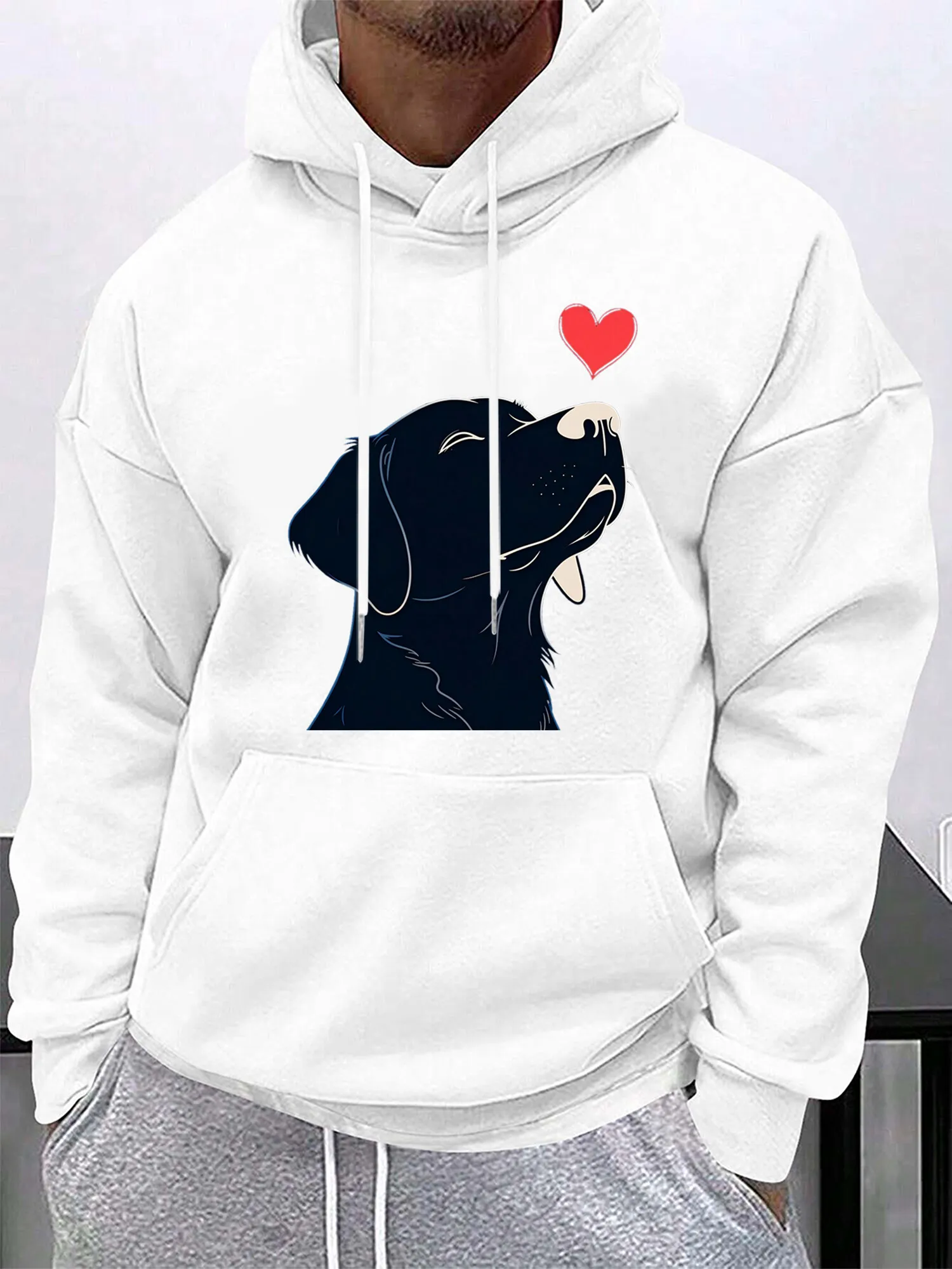 Tailorly Men's Printed Hoodie - Minimal Silhouette Dog Gazing At Floating Red Heart sold by Tailorly