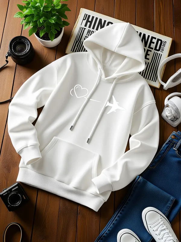 Tailorly Men's Printed Hoodie - Simple Clean White Hoodie With Subtle Minimal Sweet Cat Heart Motif made by Tailorly