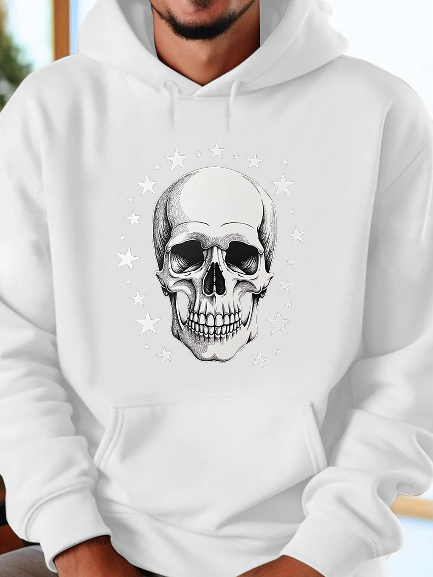 Tailorly Men's Printed Hoodie - Radiant Stars Highlighting A Lifelike Human Skull Portrait sold by Tailorly