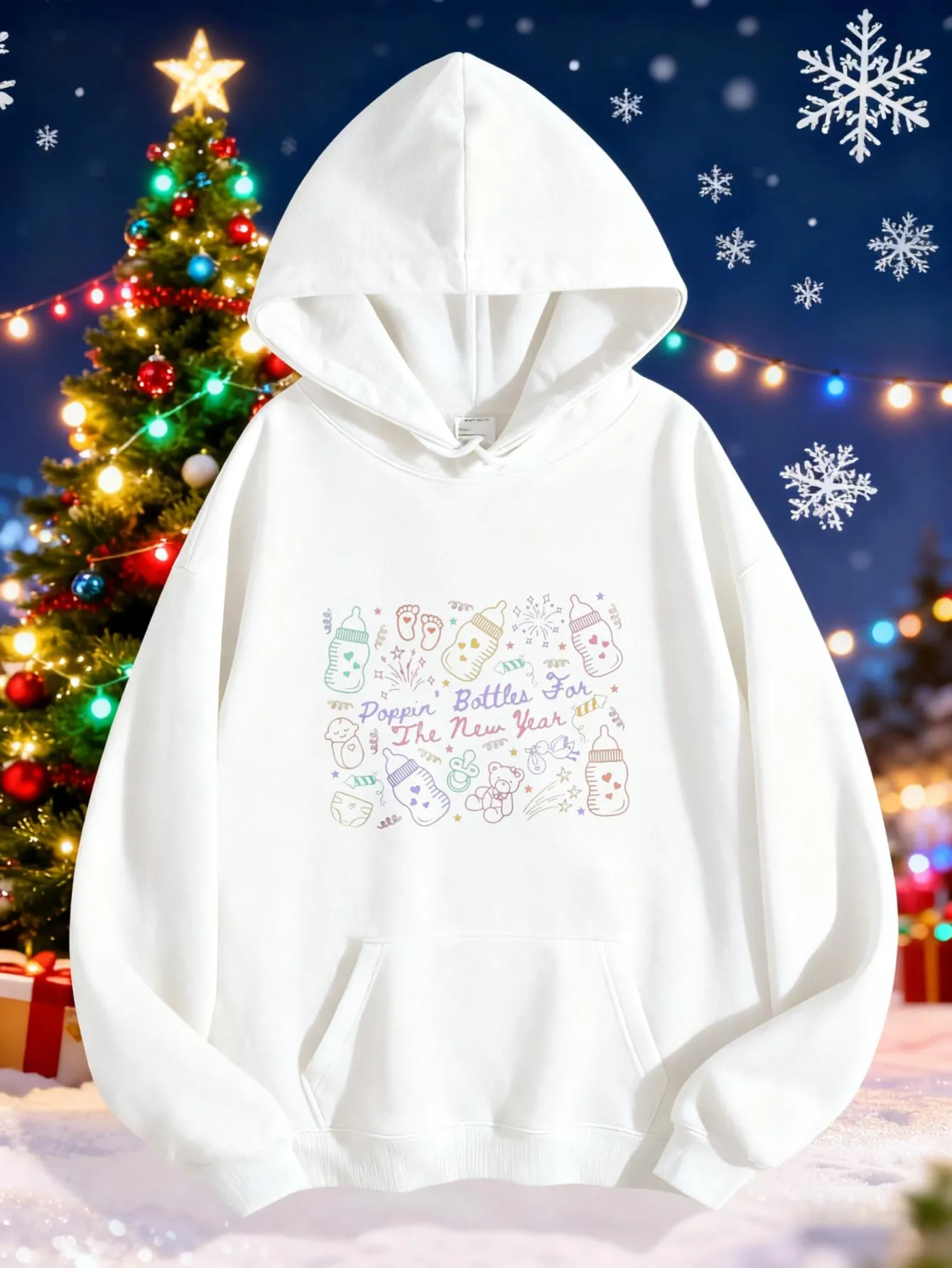 Tailorly Women's Printed Hoodie - Pastel Holiday Cheer With Playful Cartoon Doodles Hoodie sold by Tailorly