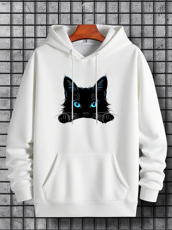 Tailorly Men's Printed Hoodie - Bright Blue Eyes Staring Out Black Furry Cat Hoodie made by Tailorly