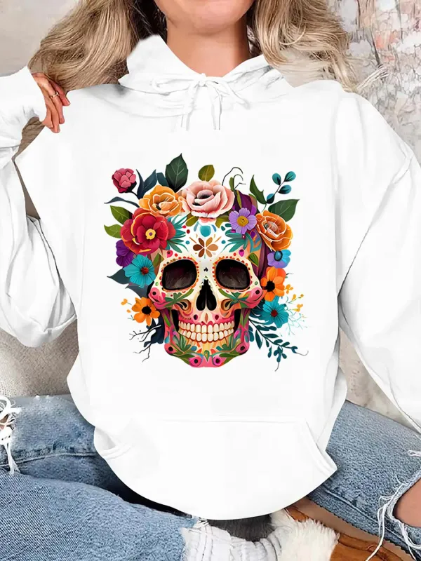 Tailorly Women's Printed Hoodie - Vivid Floral Surrounded Vibrant Colorful Arrangements Around Detailed Skull made by Tailorly