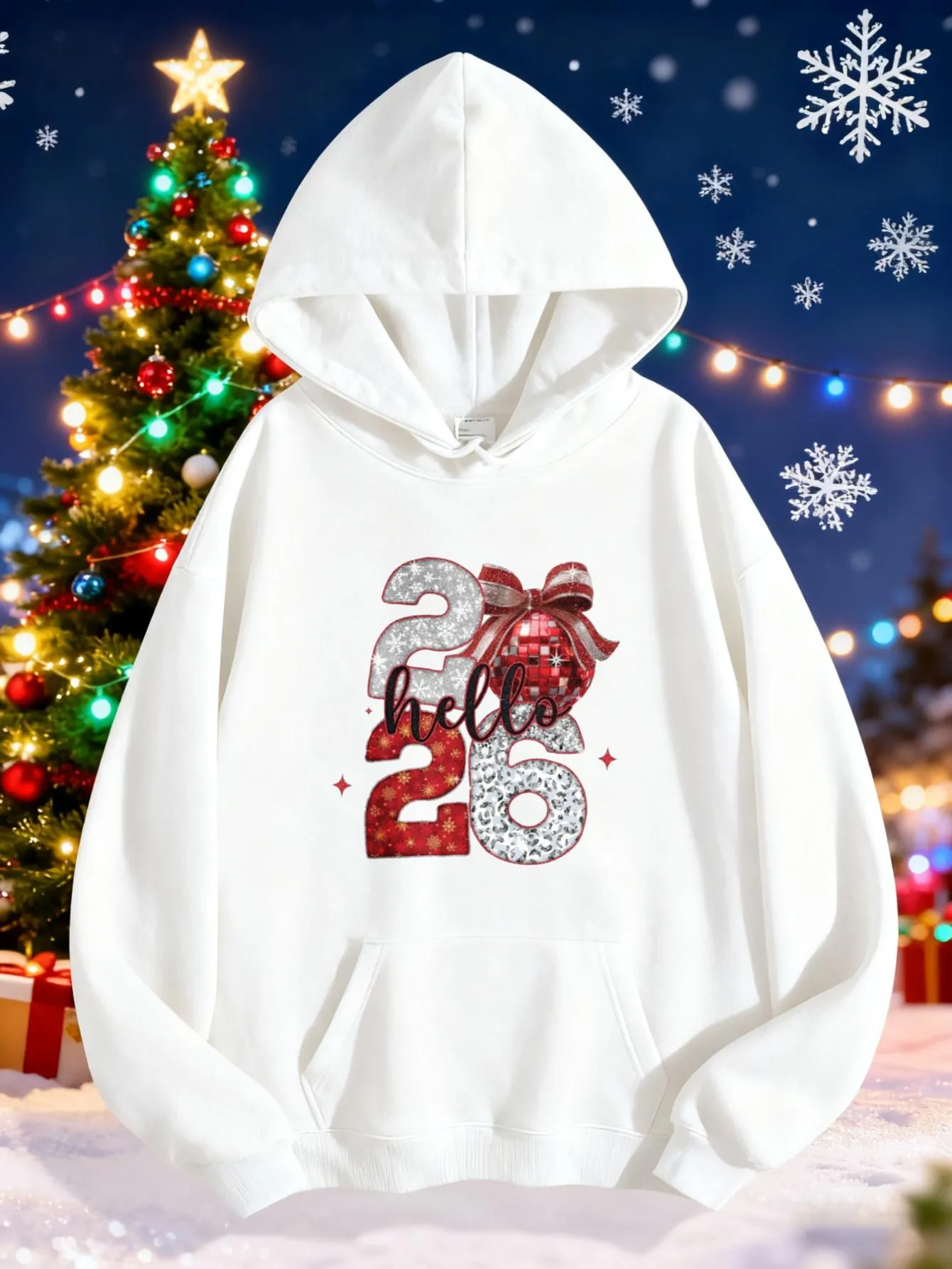 Tailorly Women's Printed Hoodie - Hello Glittering Ribbon And Snowflakes Holiday Numbers sold by Tailorly