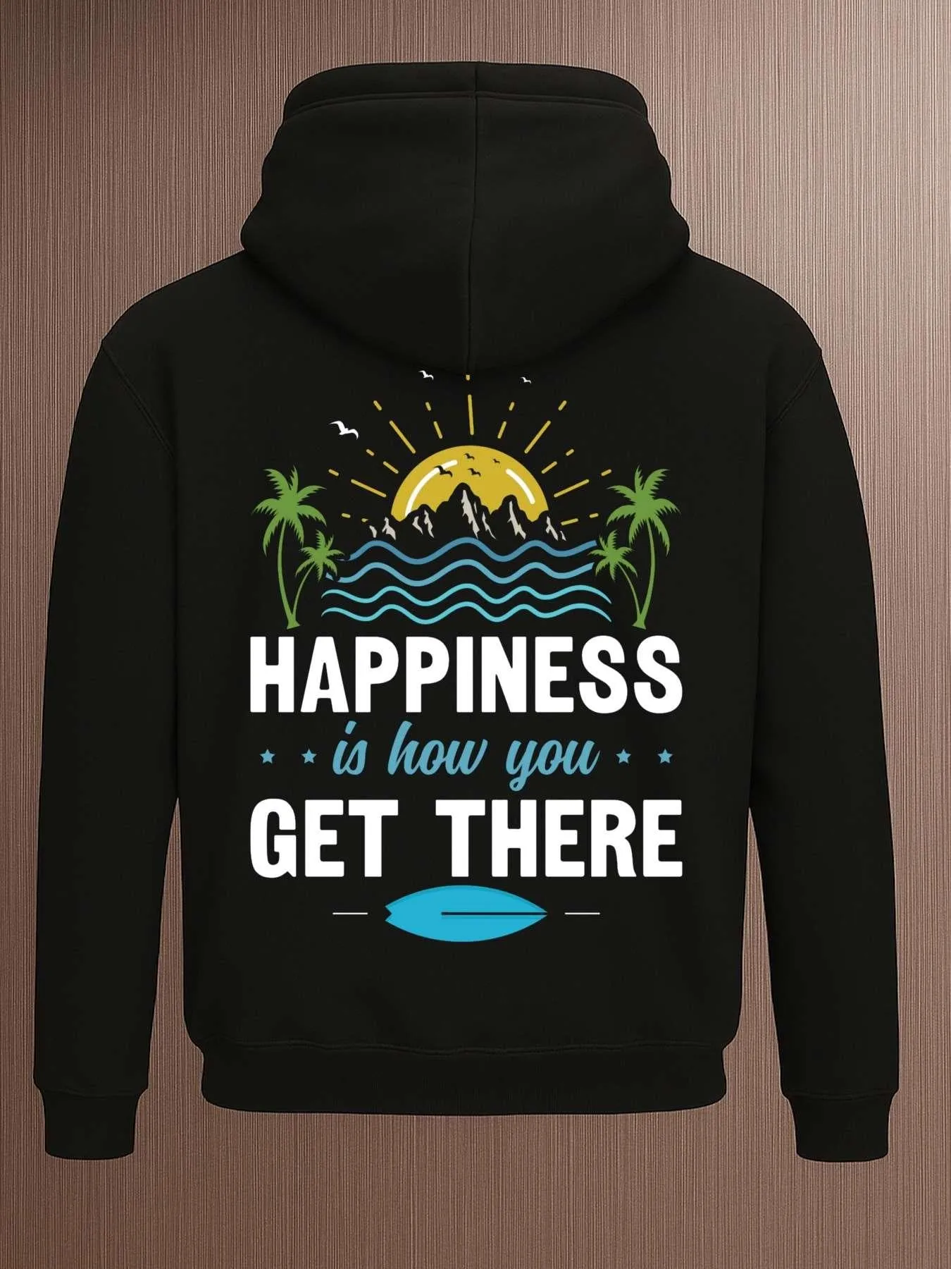 Tailorly Men's Printed Hoodie - Happiness Is How You Get There With Sunset Waves Palm Trees Among Sparkling Sun sold by Tailorly