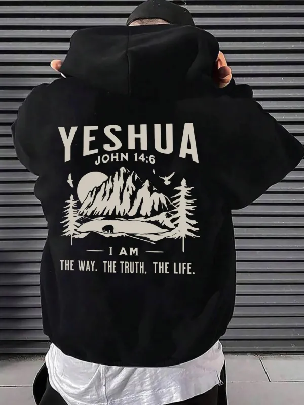 Tailorly Men's Printed Hoodie - Yeshua John Nature Scene Surrounded By Trees And Glowing Sunrise Mountain made by Tailorly