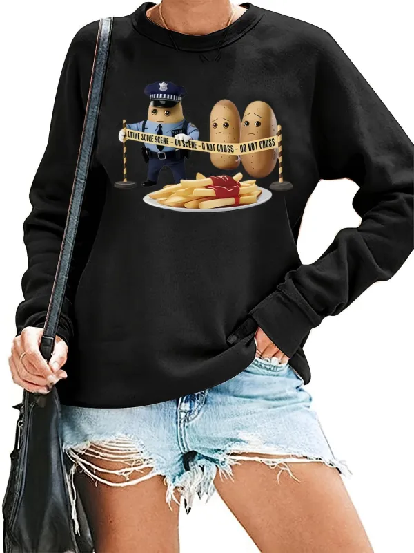 Tailorly Women's Printed Hoodie - Crime scene graphic with police tape and fries design made by Tailorly