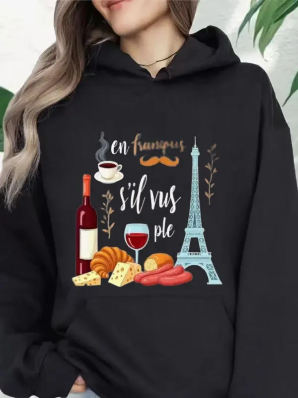Tailorly Women's Printed Hoodie - Wine Cheese And Pastries Under Paris Skyline Eiffel Tower made by Tailorly