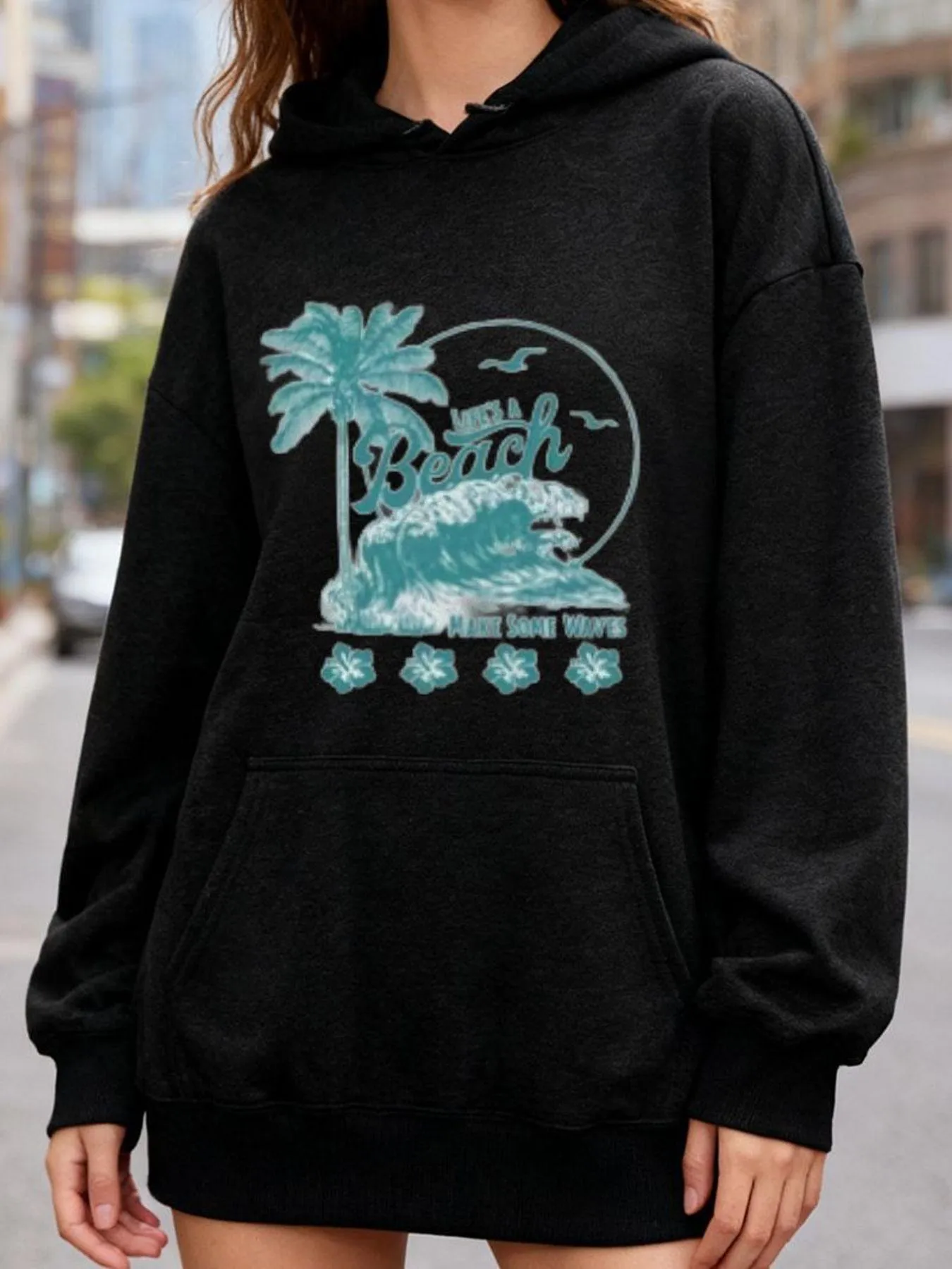Tailorly Women's Printed Hoodie - Palm Tree With Ocean Waves Under Full Moon Beach Car sold by Tailorly