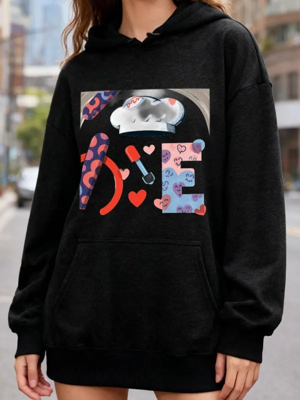 Tailorly Women's Printed Hoodie - Colorful Cloud And Hearts With Playful Patterned Letters Love made by Tailorly