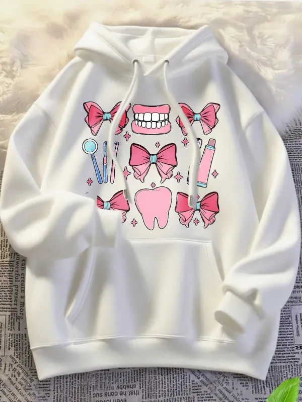 Tailorly Women's Printed Hoodie - Pink Bows Sparkling Tooth Motif With Cute Cartoon Elements made by Tailorly
