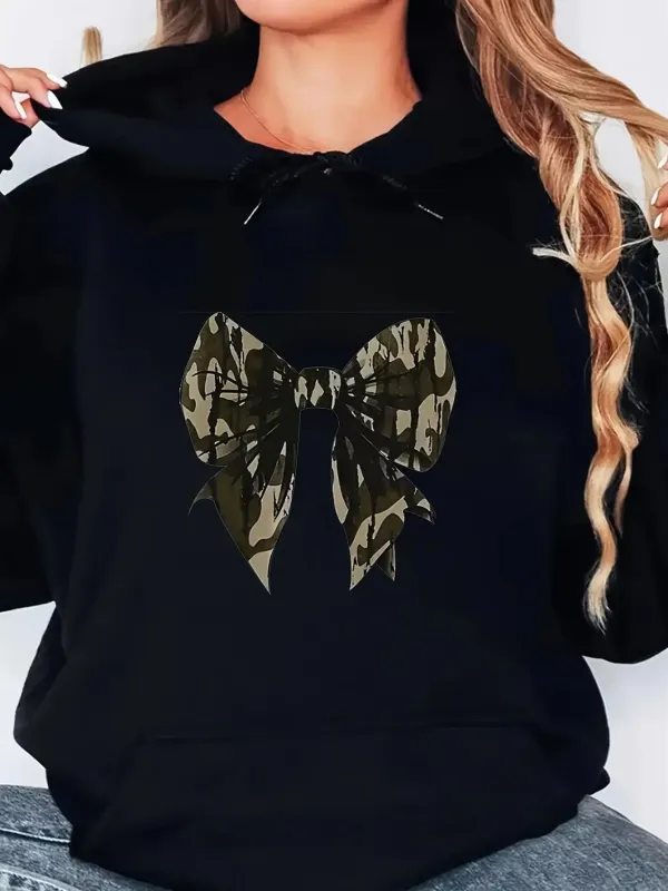 Tailorly Women's Printed Hoodie - Camouflage Ribbon Graphic Bow With Abstract Forest Patterns Bow made by Tailorly