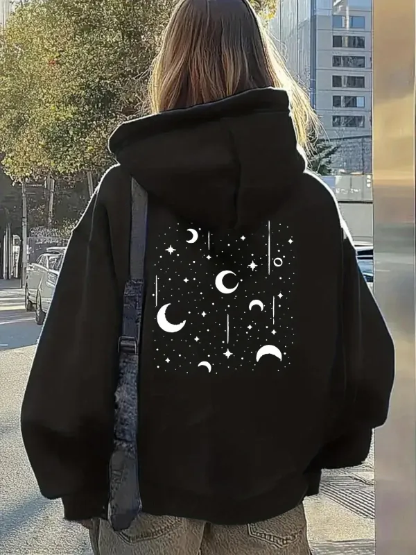 Tailorly Women's Printed Hoodie - Dreamy Night With Floating Moons And Stars Under Black Sky made by Tailorly