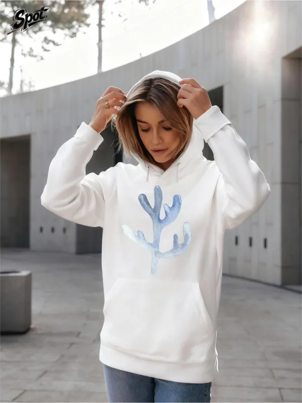 Tailorly Women's Printed Hoodie - Soft Blue Abstract Coral Shapes Adorning White Hoodie made by Tailorly