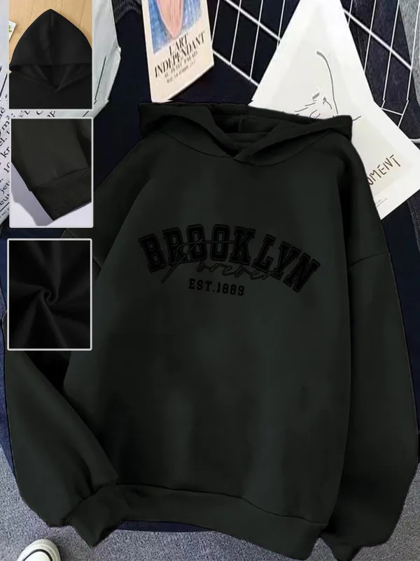 Tailorly Women's Printed Hoodie - Brooklyn Est 1968 Minimal Black Cotton Hoodie made by Tailorly