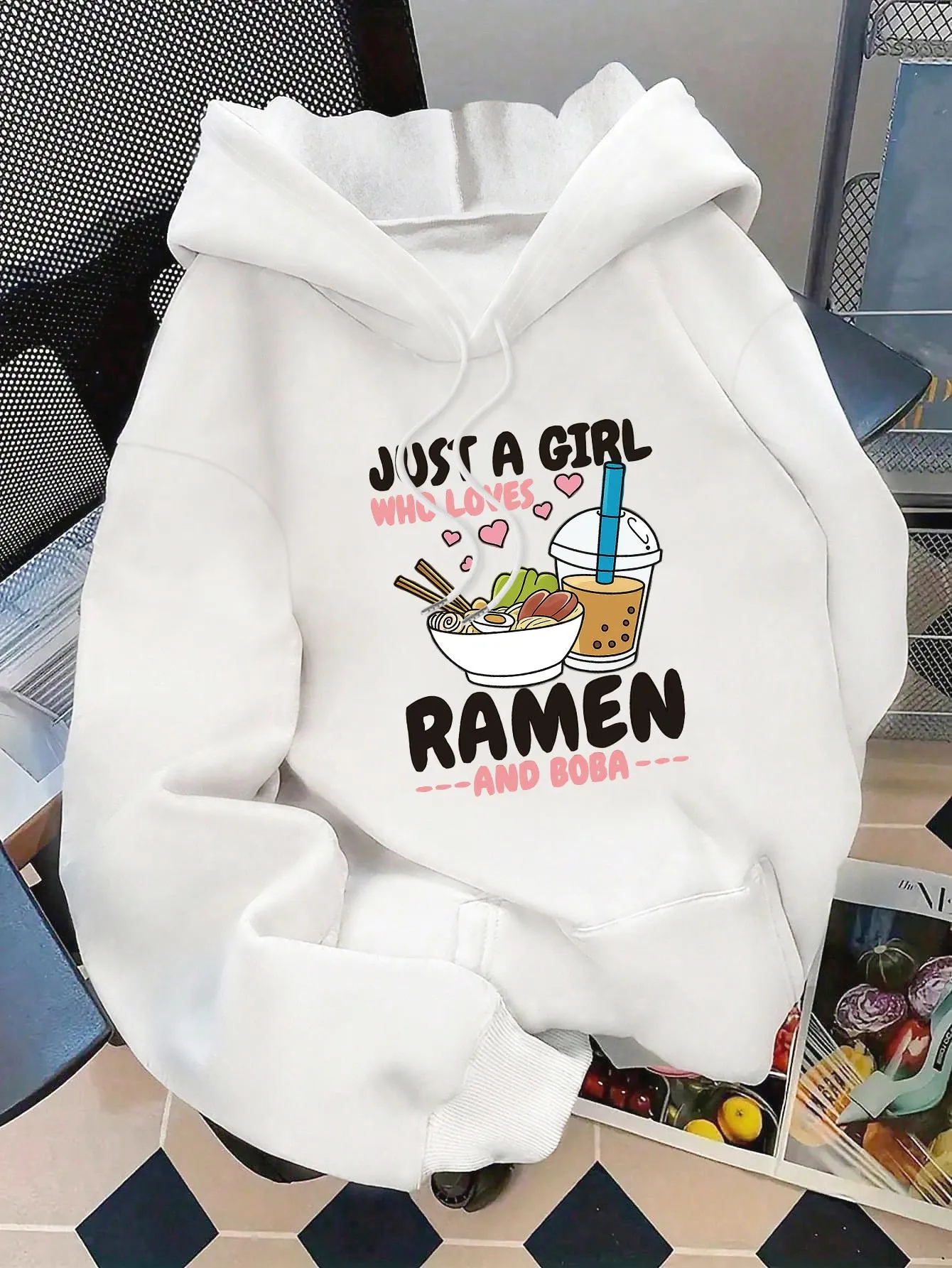 Tailorly Women's Printed Hoodie - Just A Girl With Hearts Delicious Ramen With Boba Drink Bowl sold by Tailorly