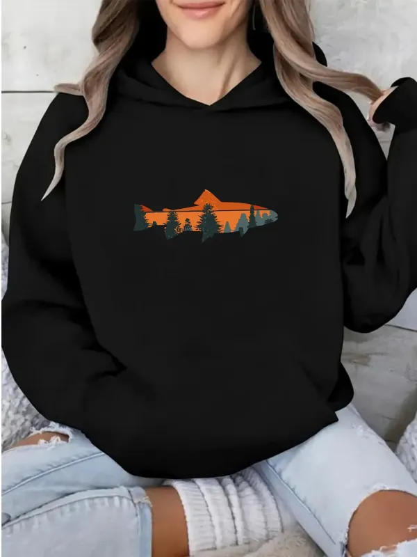 Tailorly Women's Printed Hoodie - Sunset Pine Forest Reflected On Still Water Trout made by Tailorly