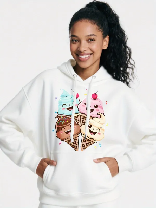 Tailorly Women's Printed Hoodie - Cheerful Cartoon Ice Cream Cones With Sprinkles Happy Faces Hoodie made by Tailorly