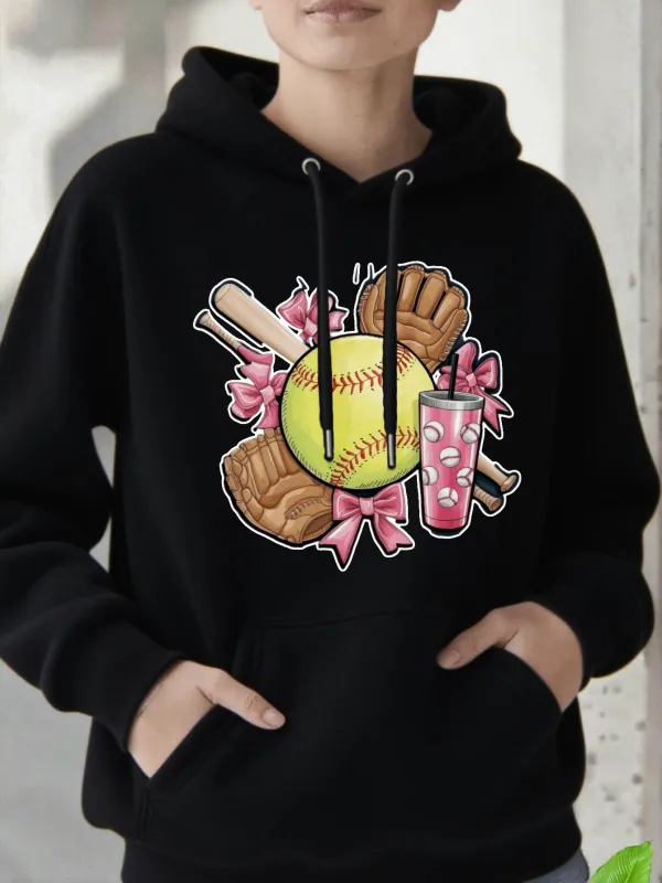 Tailorly Women's Printed Hoodie - Pink Ribbons With Softball Bats Gloves And Cheerful Yellow Ball made by Tailorly