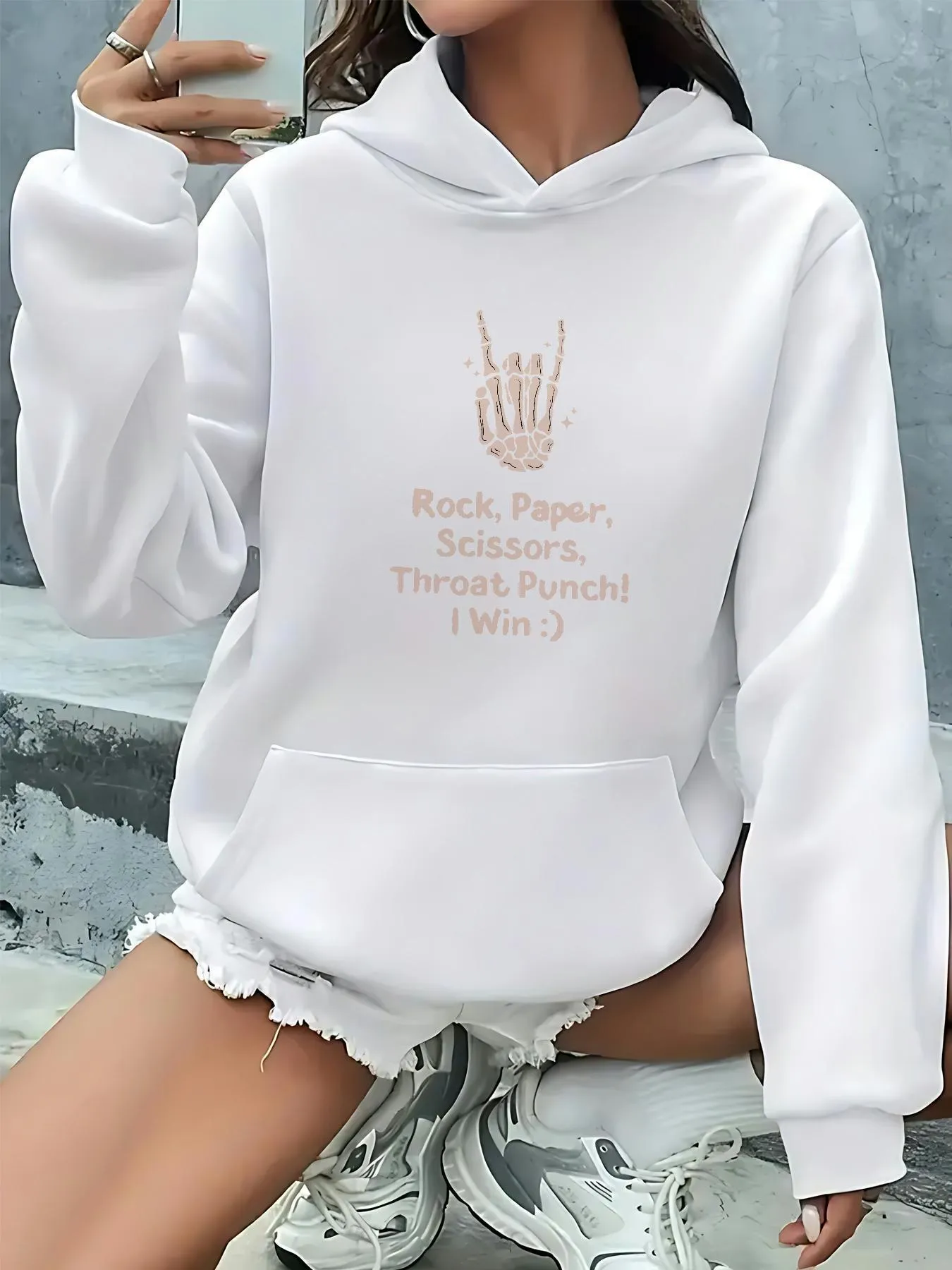 Tailorly Women's Printed Hoodie - Rock Paper Scissors Throat Punch I Win Gesture Hand sold by Tailorly