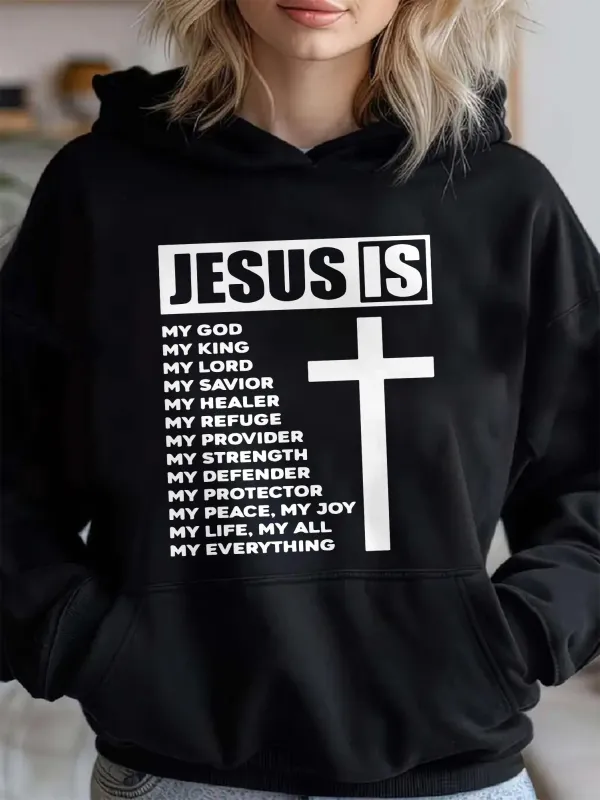 Tailorly Women's Printed Hoodie - Jesus Is My Refuge My Strength Under Giant White Cross made by Tailorly