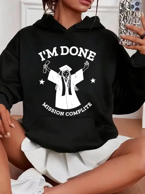 Tailorly Women's Printed Hoodie - Im Done Mission Complete With Confetti Stars Celebrating Graduate made by Tailorly