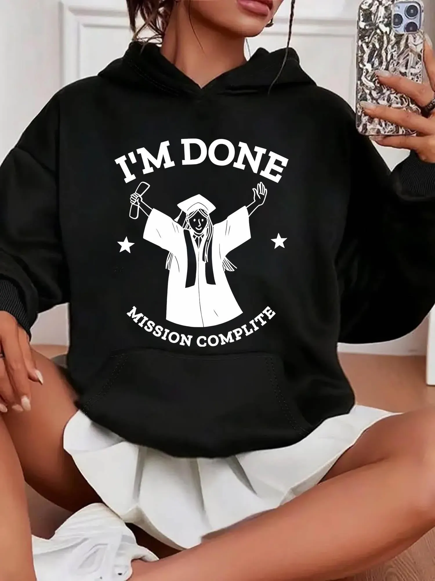 Tailorly Women's Printed Hoodie - Im Done Mission Complete With Confetti Stars Celebrating Graduate sold by Tailorly