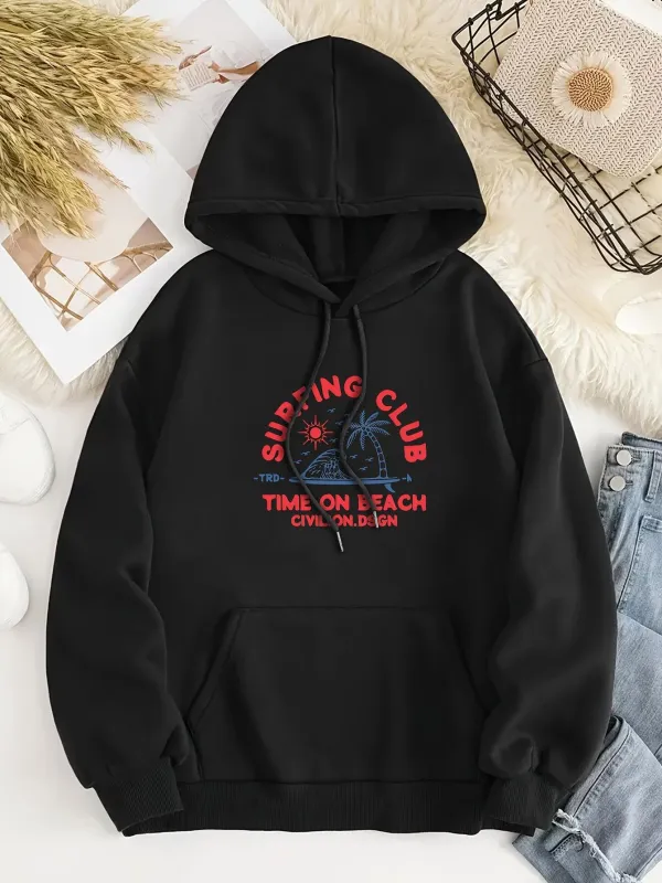 Tailorly Women's Printed Hoodie - Surfing Club With Retro Sun Rays On Sunny Beach Wave made by Tailorly