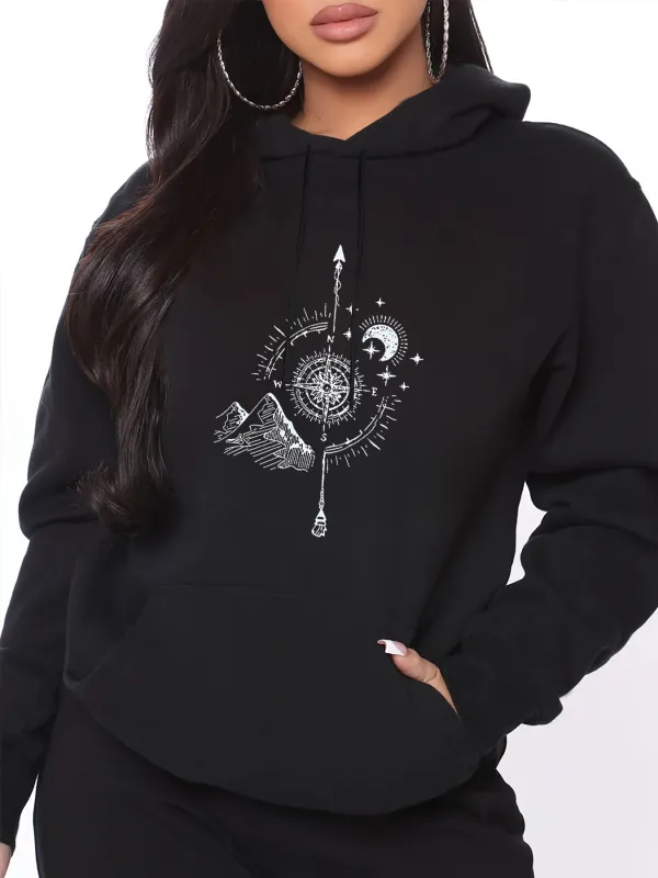 Tailorly Women's Printed Hoodie - Night Sky With Crescent Moon Arrow Among Stars Mountain made by Tailorly