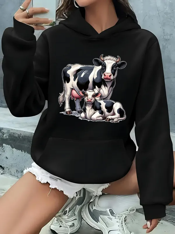 Tailorly Women's Printed Hoodie - Peaceful Dairy Farm Scene With Two Resting Cows Mother And Calf made by Tailorly