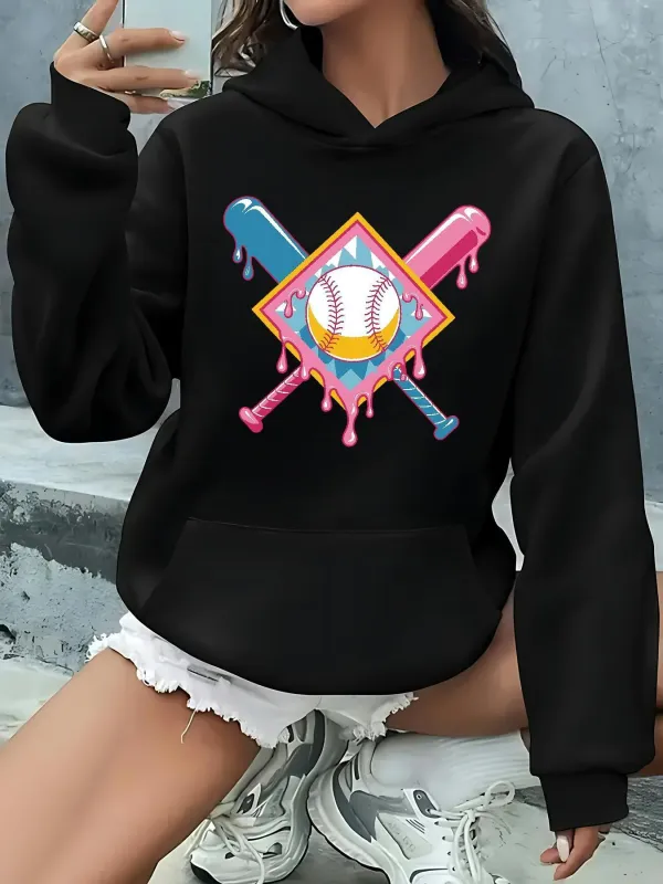 Tailorly Women's Printed Hoodie - Dripping Colorful Baseball Bats And Melting Home Plate Baseball made by Tailorly