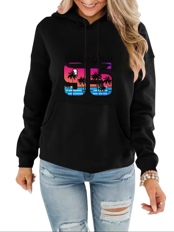 Tailorly Women's Printed Hoodie - Retro Neon Sunset With Silhouetted Palm Trees And Blue Ocean Waves Number made by Tailorly