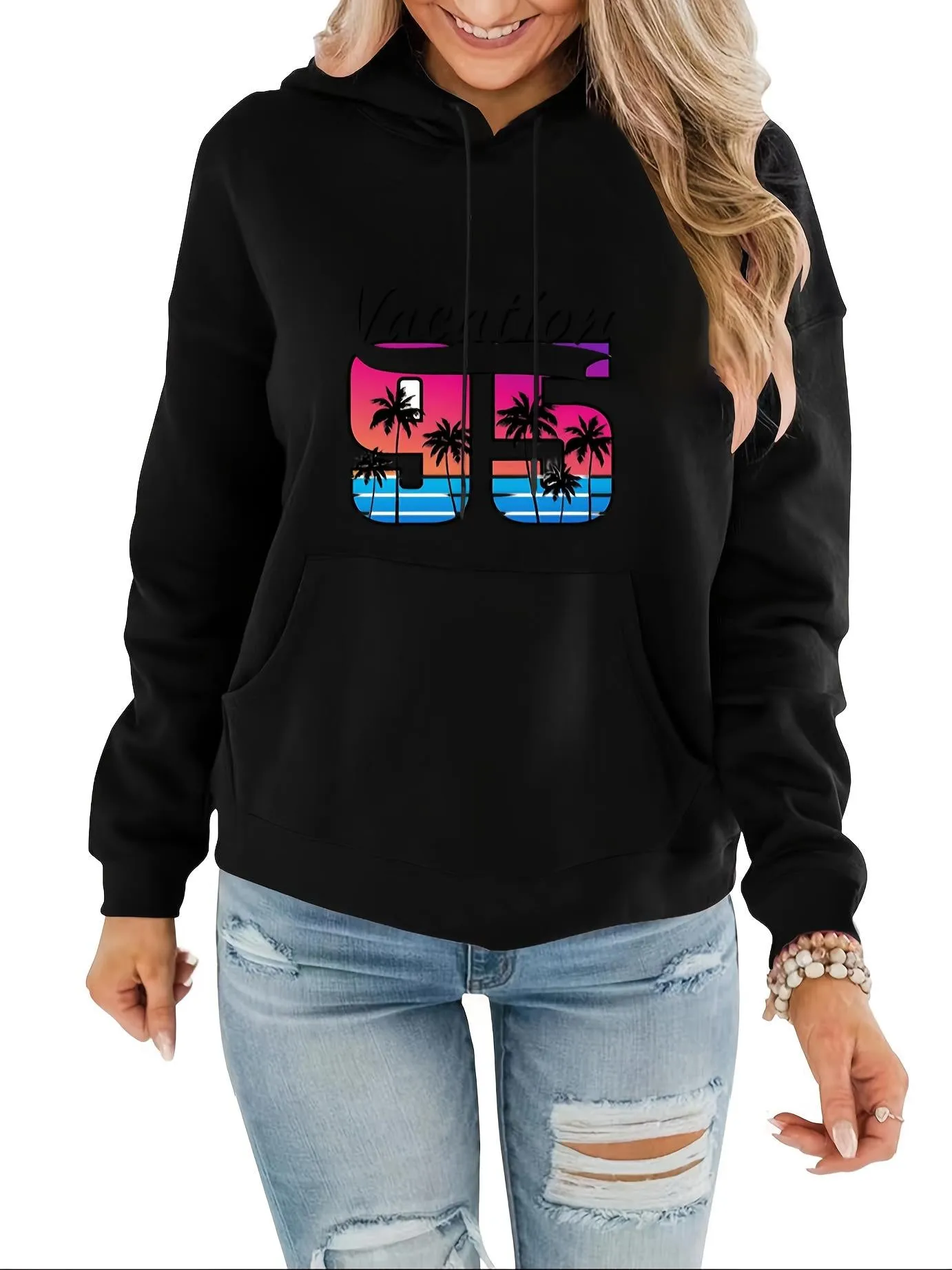 Tailorly Women's Printed Hoodie - Retro Neon Sunset With Silhouetted Palm Trees And Blue Ocean Waves Number sold by Tailorly