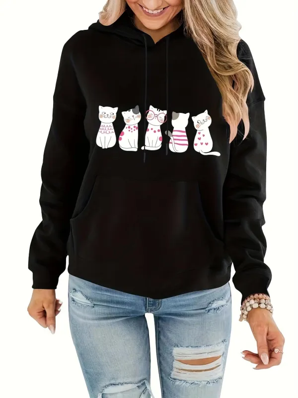 Tailorly Women's Printed Hoodie - Five Playful Patterned Cats With Whimsical Tails And Soft Silhouettes Cat made by Tailorly