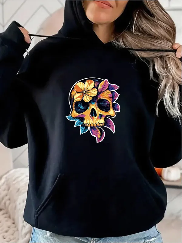 Tailorly Women's Printed Hoodie - Colorful Tropical Leaves And Flowers Surrounding Bright Yellow Skull made by Tailorly