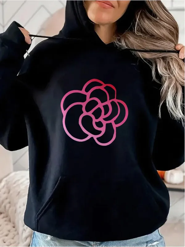 Tailorly Women's Printed Hoodie - Bold Outlined Pink Curves Forming Abstract Artistic Rose Flower made by Tailorly