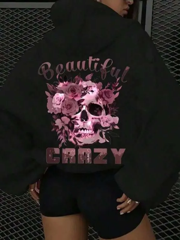 Tailorly Women's Printed Hoodie - Beautiful Crazy With Pink Roses And Skull Surrounded By Floral Elements Skull made by Tailorly