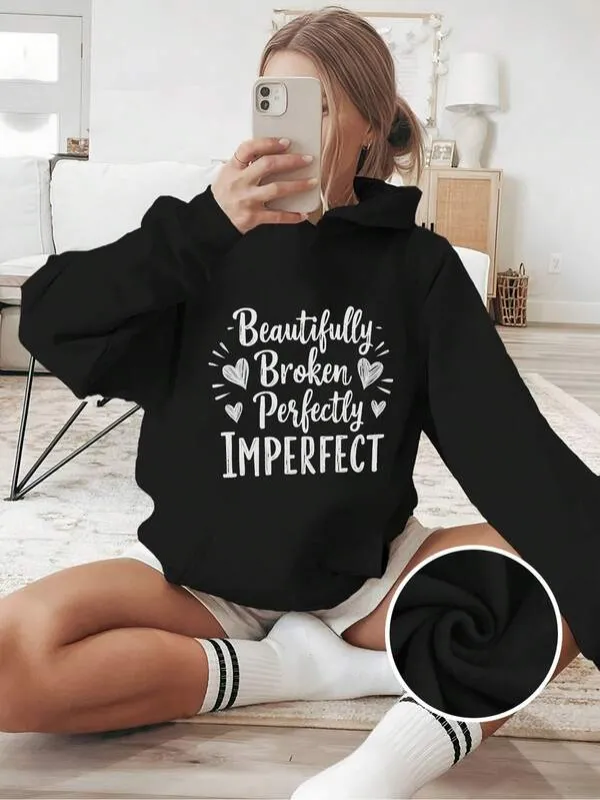 Tailorly Women's Printed Hoodie - Beautifully Broken Perfectly Imperfect Surrounded By Playful Hearts On Hoodie made by Tailorly