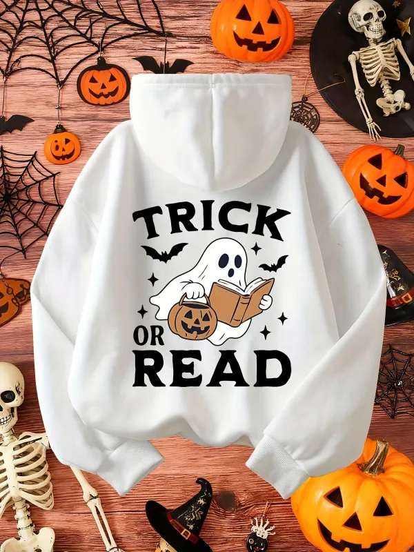 Tailorly Women's Printed Hoodie - Trick Or Read Ghost Holding Pumpkin And Book Surrounded By Flying Bats made by Tailorly