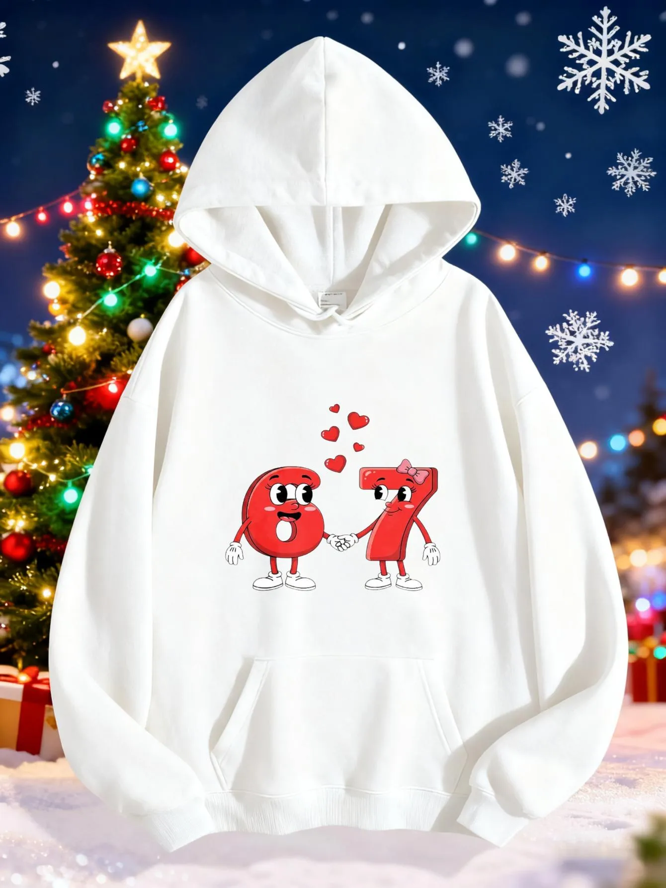 Tailorly Women's Printed Hoodie - Romantic Cartoon Numbers With Playful Hearts And Winter Holiday Scene sold by Tailorly