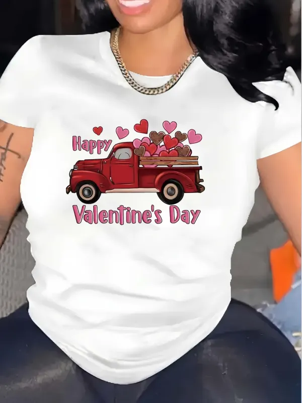 Tailorly Women's Printed Tee - Happy Valentines Day Classic Red Truck With Floating Hearts made by Tailorly